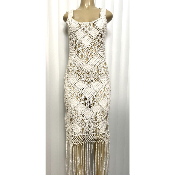 NWOT Cleobella Midi Dress White Braided Crotchet Sleeveless Fringe Sheat… - Picture 1 of 7